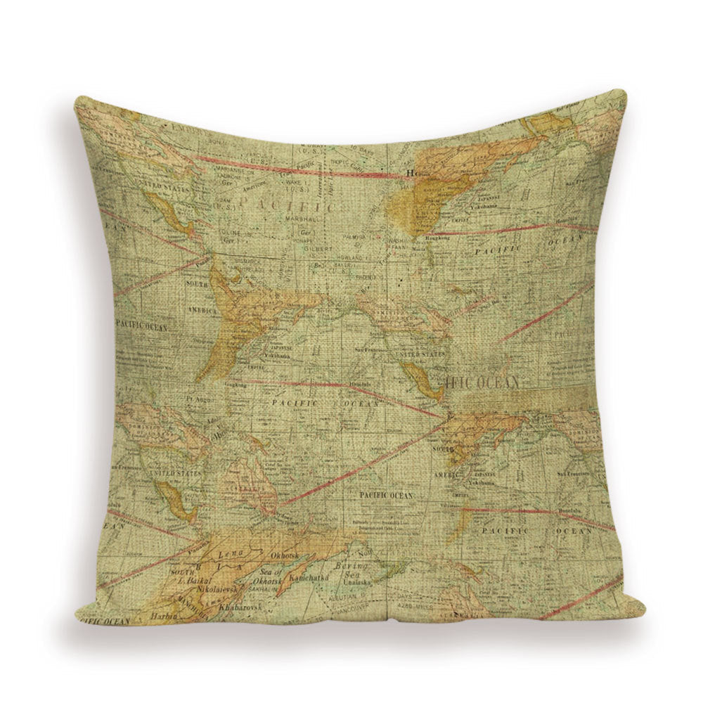 HKM-699667 European World Map Cushion Cover, Linen Pillowcase for Sofa and Home Decor, 45x45cm