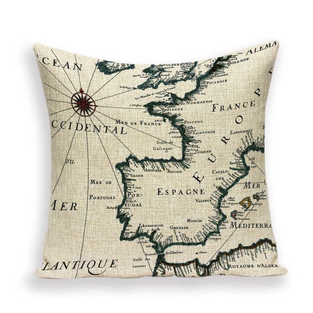 HKM-699667 European World Map Cushion Cover, Linen Pillowcase for Sofa and Home Decor, 45x45cm