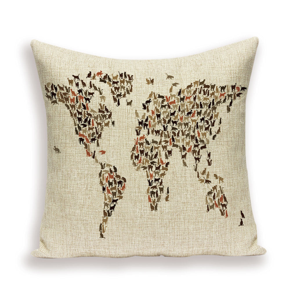 HKM-699667 European World Map Cushion Cover, Linen Pillowcase for Sofa and Home Decor, 45x45cm