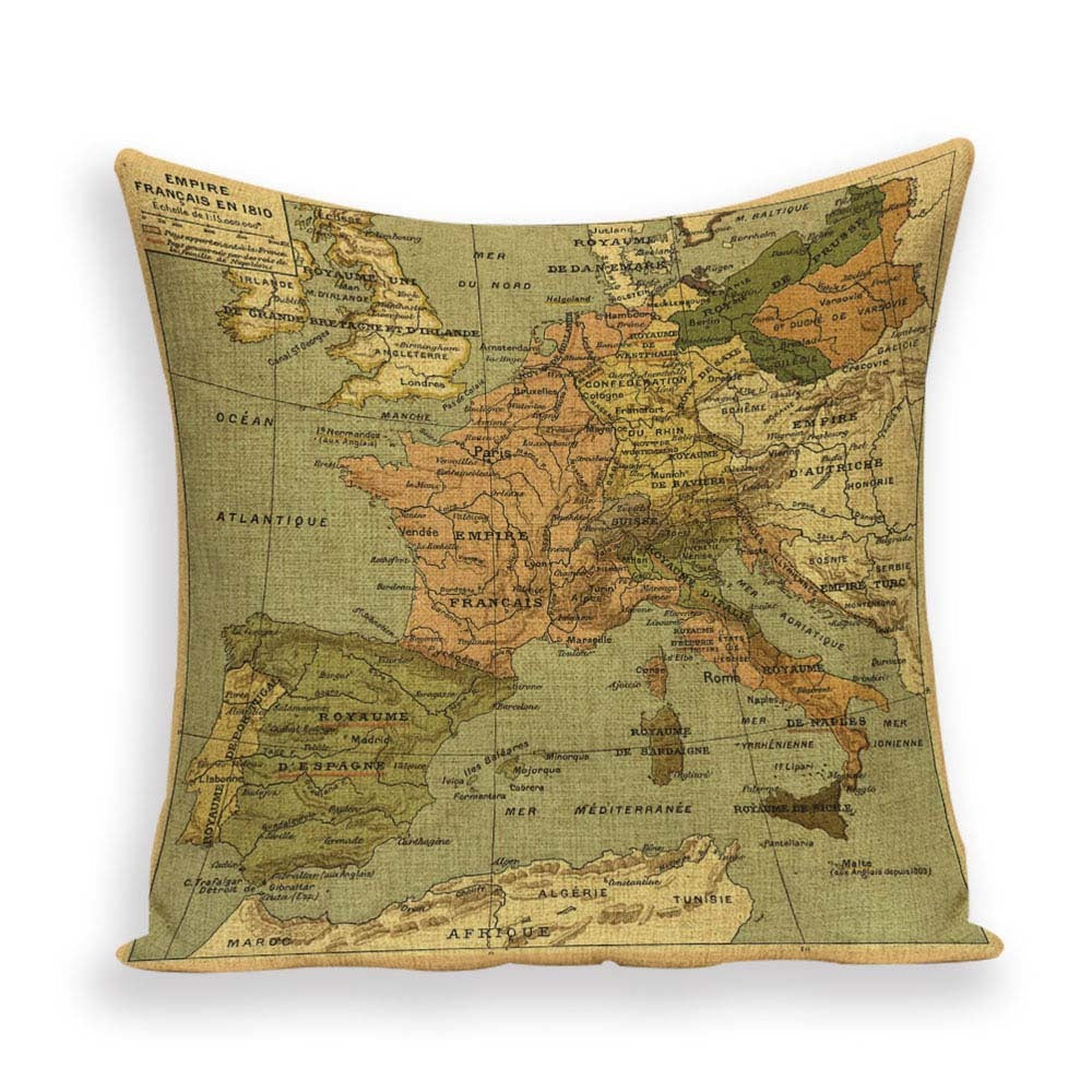 HKM-699667 European World Map Cushion Cover, Linen Pillowcase for Sofa and Home Decor, 45x45cm