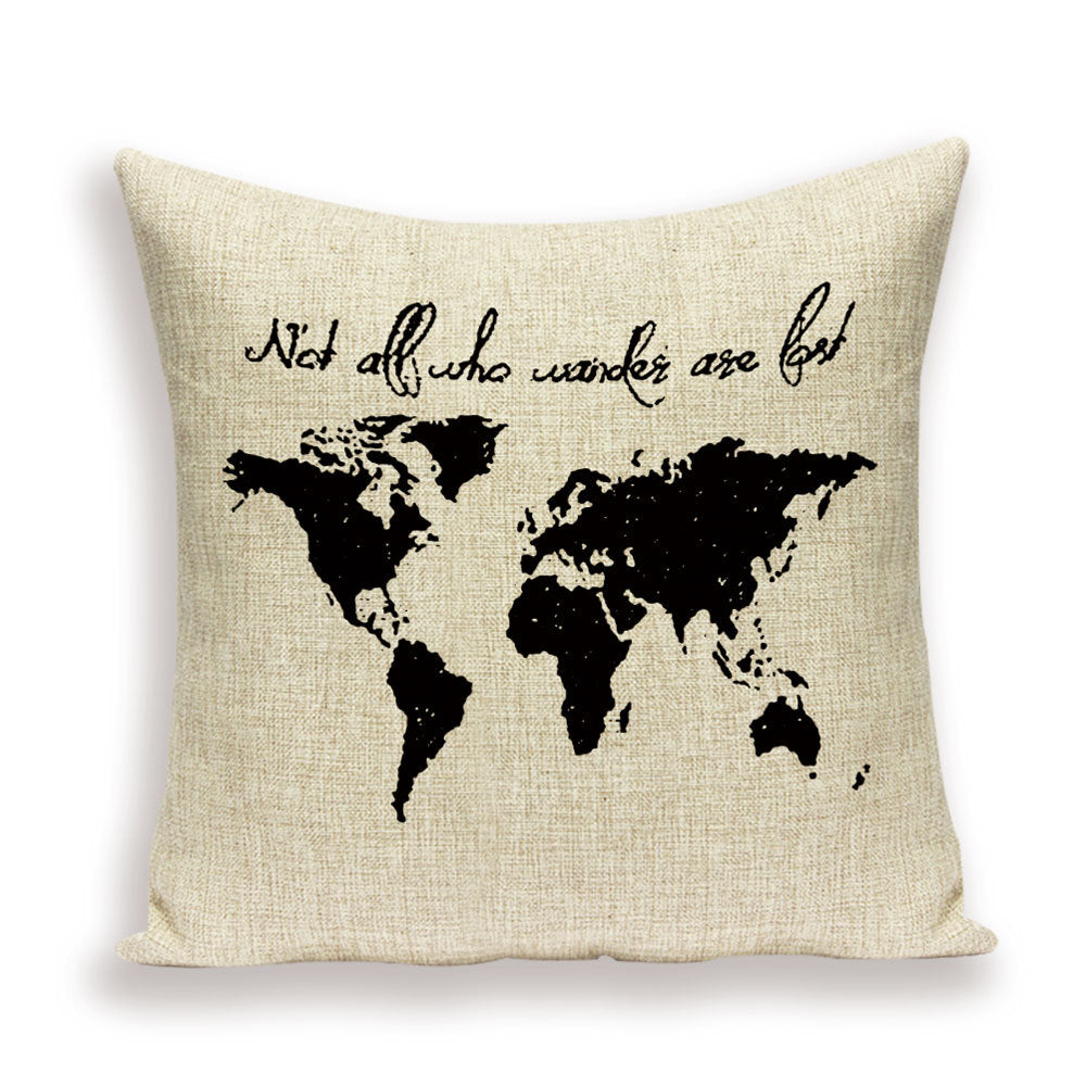 HKM-699667 European World Map Cushion Cover, Linen Pillowcase for Sofa and Home Decor, 45x45cm