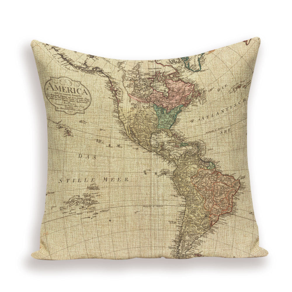 HKM-699667 European World Map Cushion Cover, Linen Pillowcase for Sofa and Home Decor, 45x45cm
