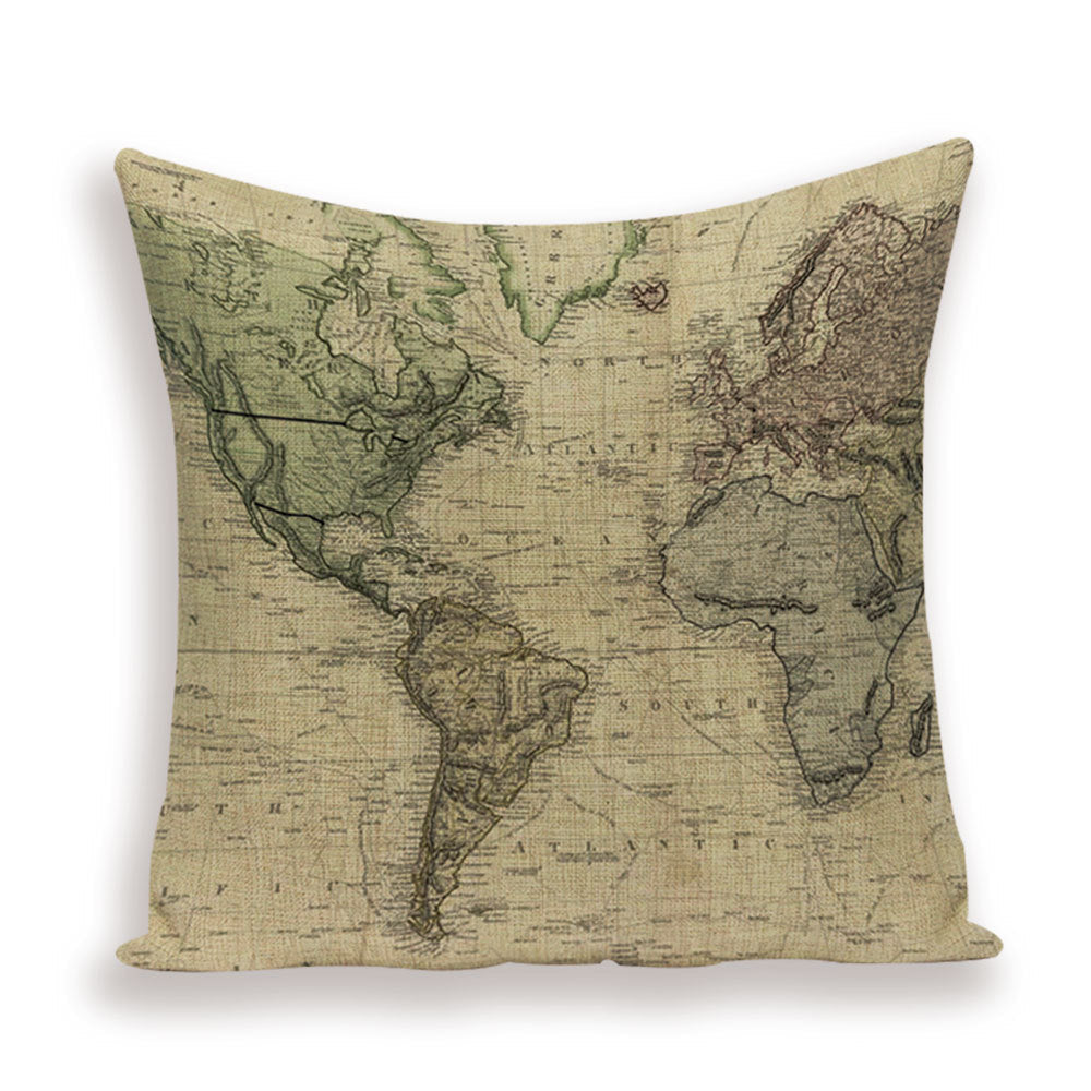 HKM-699667 European World Map Cushion Cover, Linen Pillowcase for Sofa and Home Decor, 45x45cm