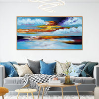 HKM-700371 Hand Painted Bright Abstract Oil Painting on Canvas - Seascape Sunset Artwork for Home Decor