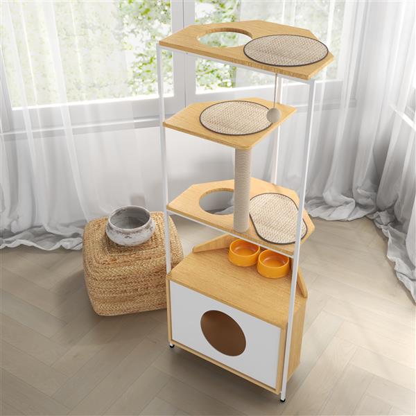 HKM-700435 Corner Cat Tower with Multi-Level Design, Scratching Post, and Space-Saving Features