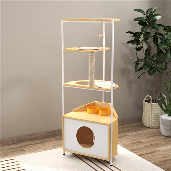 HKM-700435 Corner Cat Tower with Multi-Level Design, Scratching Post, and Space-Saving Features