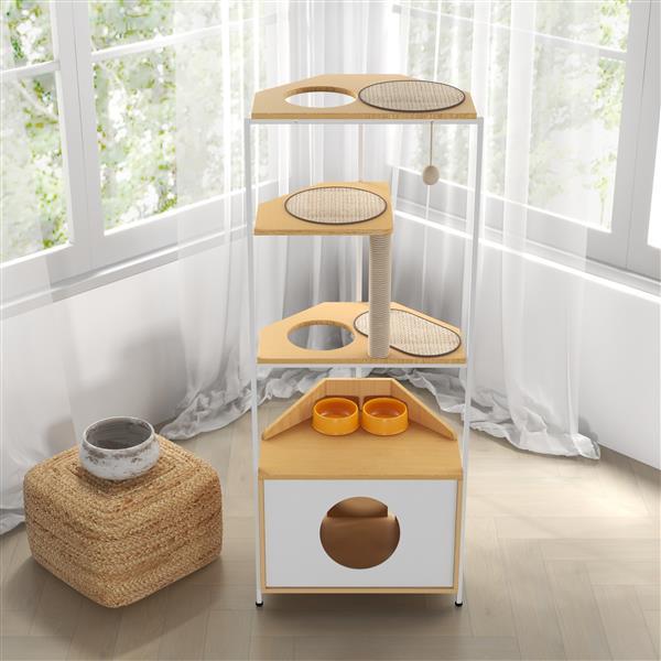 HKM-700435 Corner Cat Tower with Multi-Level Design, Scratching Post, and Space-Saving Features