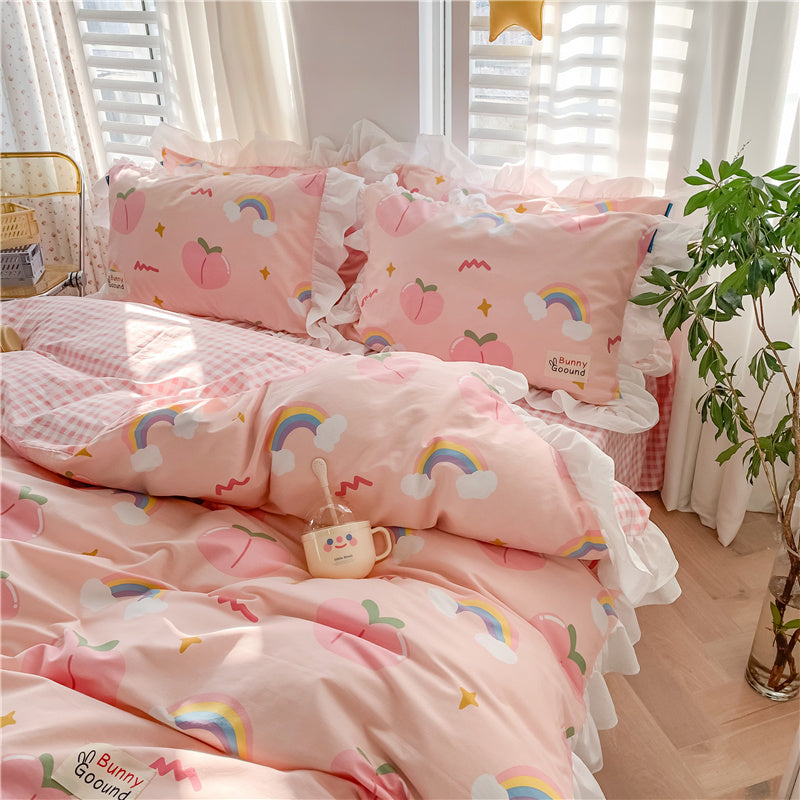 HKM-700435 Pure Cotton Girls' Heart Princess Bedding Set with Duvet Cover, Pillow, and Sheet - Soft and Breathable