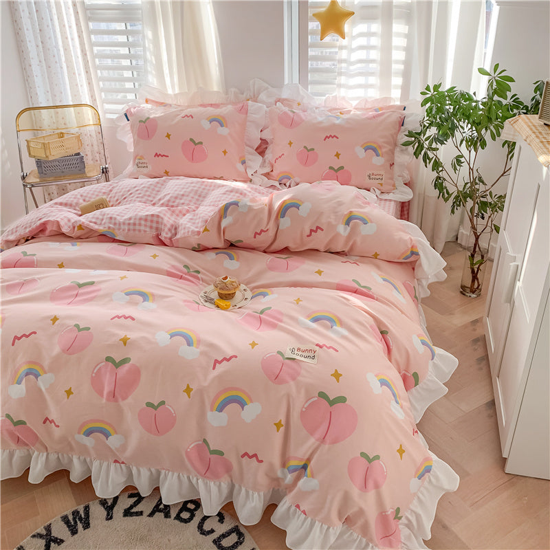 HKM-700435 Pure Cotton Girls' Heart Princess Bedding Set with Duvet Cover, Pillow, and Sheet - Soft and Breathable