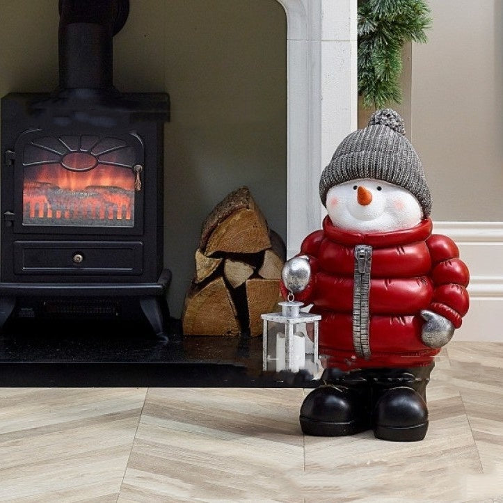 HKM-700563 Red Down Jacket Christmas Snowman Ornament - 30CM Resin Decor with Scarf