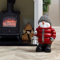 HKM-700563 Red Down Jacket Christmas Snowman Ornament - 30CM Resin Decor with Scarf