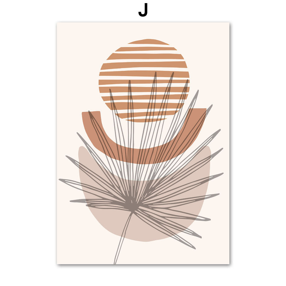 HKM-701587 Geometric Abstract Boho Canvas Painting - Line Leaves Design, Frameless Artwork for Home Decor