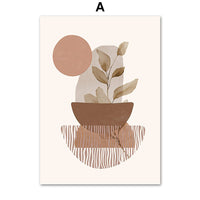 HKM-701587 Geometric Abstract Boho Canvas Painting - Line Leaves Design, Frameless Artwork for Home Decor
