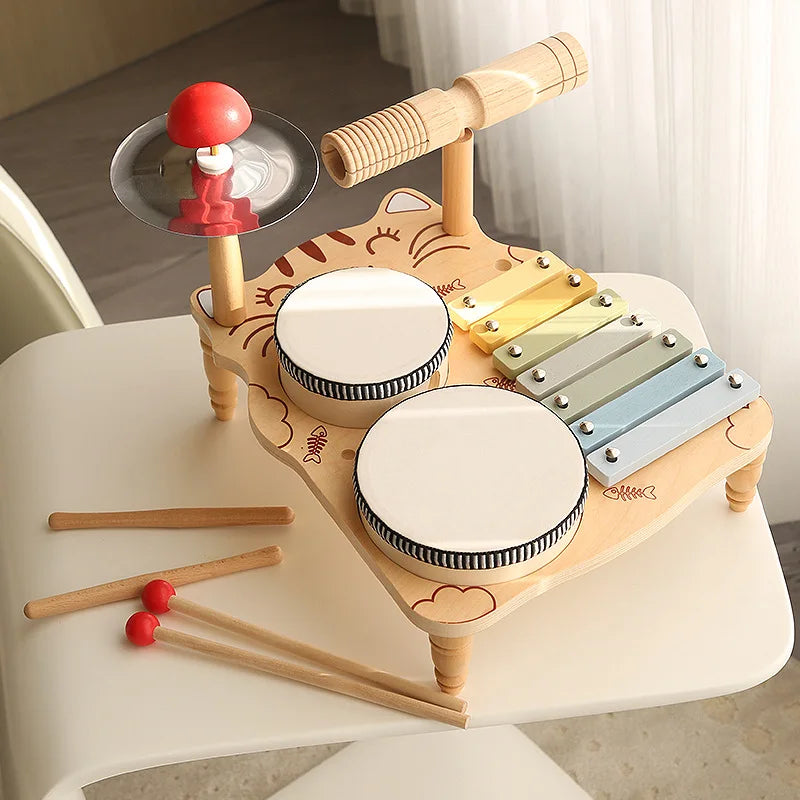 HKM-701587 Multifunctional Wooden Drum Music Station for Kids - Educational Sensory Toy Set