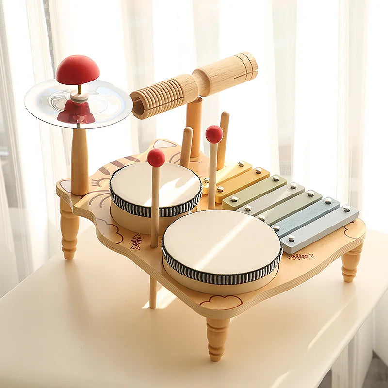 HKM-701587 Multifunctional Wooden Drum Music Station for Kids - Educational Sensory Toy Set