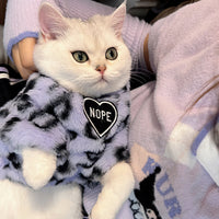 HKM-701843 Plush Cat Sweater for Winter - Warm and Cozy Pet Apparel in White and Purple Leopard Print, Multiple Sizes Available