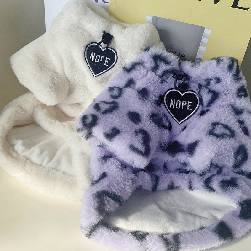 HKM-701843 Plush Cat Sweater for Winter - Warm and Cozy Pet Apparel in White and Purple Leopard Print, Multiple Sizes Available
