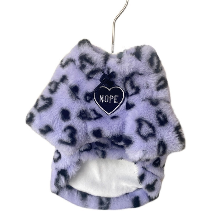 HKM-701843 Plush Cat Sweater for Winter - Warm and Cozy Pet Apparel in White and Purple Leopard Print, Multiple Sizes Available