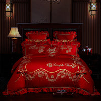 HKM-702355 Cotton Four-Piece Bedding Set with Floral Design for Weddings - Includes Bed Sheet, Quilt Cover, and Pillowcases in Various Colors