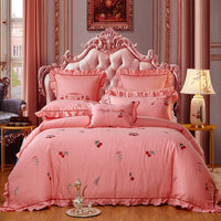 HKM-702355 Cotton Four-Piece Bedding Set with Floral Design for Weddings - Includes Bed Sheet, Quilt Cover, and Pillowcases in Various Colors