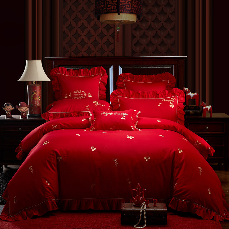 KTX-702355 Cotton Four-Piece Bedding Set with Floral Design for Weddings - Includes Bed Sheet, Quilt Cover, and Pillowcases in Various Colors