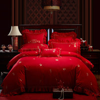 HKM-702355 Cotton Four-Piece Bedding Set with Floral Design for Weddings - Includes Bed Sheet, Quilt Cover, and Pillowcases in Various Colors