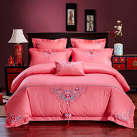 HKM-702355 Cotton Four-Piece Bedding Set with Floral Design for Weddings - Includes Bed Sheet, Quilt Cover, and Pillowcases in Various Colors
