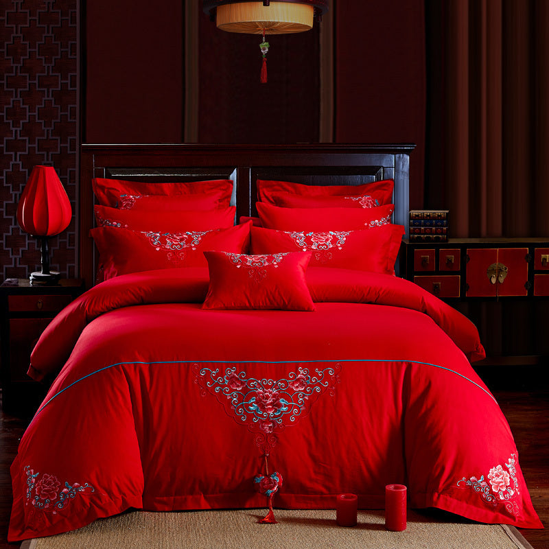 KTX-702355 Cotton Four-Piece Bedding Set with Floral Design for Weddings - Includes Bed Sheet, Quilt Cover, and Pillowcases in Various Colors