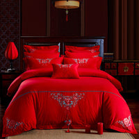 HKM-702355 Cotton Four-Piece Bedding Set with Floral Design for Weddings - Includes Bed Sheet, Quilt Cover, and Pillowcases in Various Colors