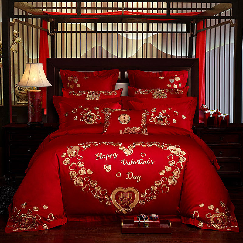 KTX-702355 Cotton Four-Piece Bedding Set with Floral Design for Weddings - Includes Bed Sheet, Quilt Cover, and Pillowcases in Various Colors