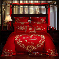 HKM-702355 Cotton Four-Piece Bedding Set with Floral Design for Weddings - Includes Bed Sheet, Quilt Cover, and Pillowcases in Various Colors