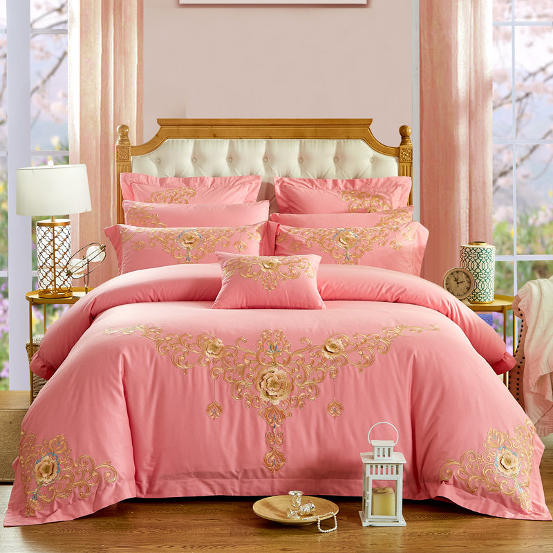 KTX-702355 Cotton Four-Piece Bedding Set with Floral Design for Weddings - Includes Bed Sheet, Quilt Cover, and Pillowcases in Various Colors