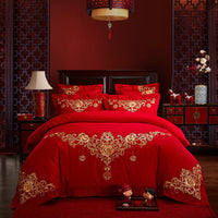 HKM-702355 Cotton Four-Piece Bedding Set with Floral Design for Weddings - Includes Bed Sheet, Quilt Cover, and Pillowcases in Various Colors