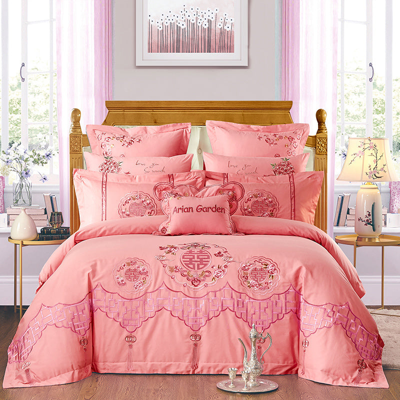 KTX-702355 Cotton Four-Piece Bedding Set with Floral Design for Weddings - Includes Bed Sheet, Quilt Cover, and Pillowcases in Various Colors