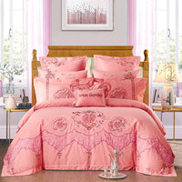 HKM-702355 Cotton Four-Piece Bedding Set with Floral Design for Weddings - Includes Bed Sheet, Quilt Cover, and Pillowcases in Various Colors
