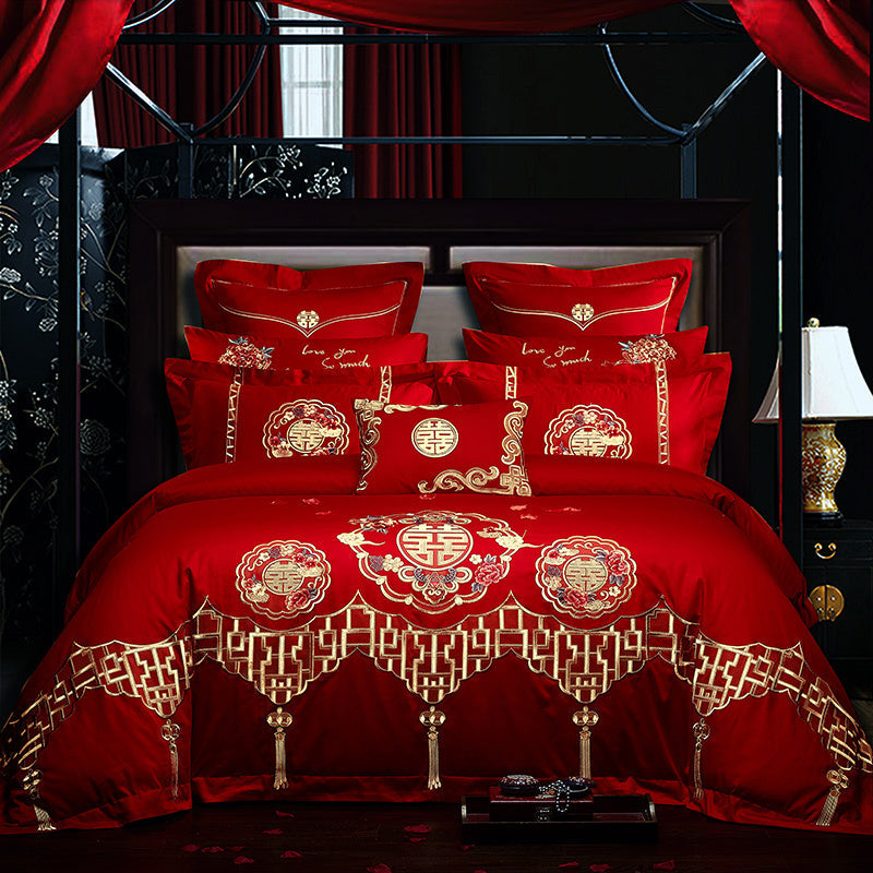 KTX-702355 Cotton Four-Piece Bedding Set with Floral Design for Weddings - Includes Bed Sheet, Quilt Cover, and Pillowcases in Various Colors