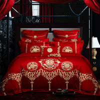 HKM-702355 Cotton Four-Piece Bedding Set with Floral Design for Weddings - Includes Bed Sheet, Quilt Cover, and Pillowcases in Various Colors
