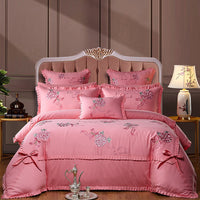 HKM-702355 Cotton Four-Piece Bedding Set with Floral Design for Weddings - Includes Bed Sheet, Quilt Cover, and Pillowcases in Various Colors