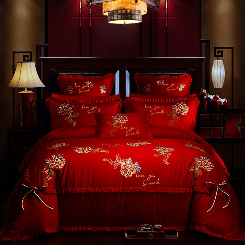 KTX-702355 Cotton Four-Piece Bedding Set with Floral Design for Weddings - Includes Bed Sheet, Quilt Cover, and Pillowcases in Various Colors