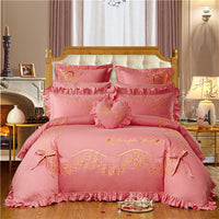 HKM-702355 Cotton Four-Piece Bedding Set with Floral Design for Weddings - Includes Bed Sheet, Quilt Cover, and Pillowcases in Various Colors