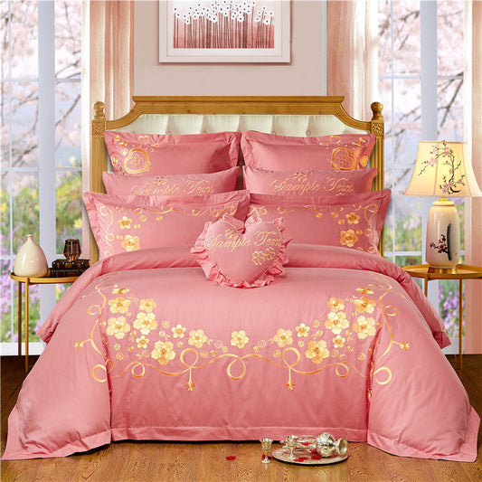 KTX-702355 Cotton Four-Piece Bedding Set with Floral Design for Weddings - Includes Bed Sheet, Quilt Cover, and Pillowcases in Various Colors