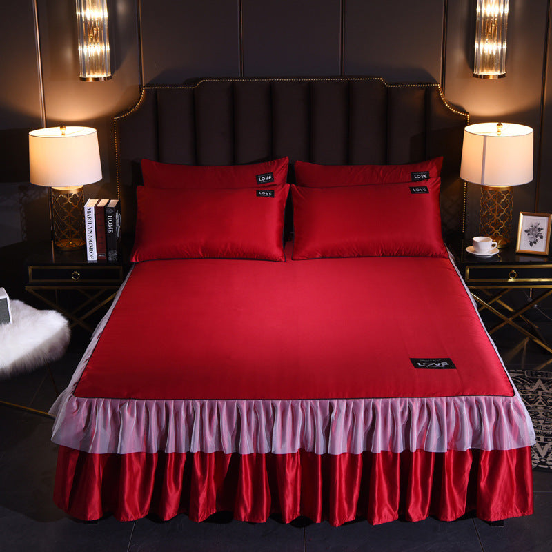 HKM-702419 Washed Silk Solid Color Bed Skirt and Pillowcase Set in Various Sizes and Colors