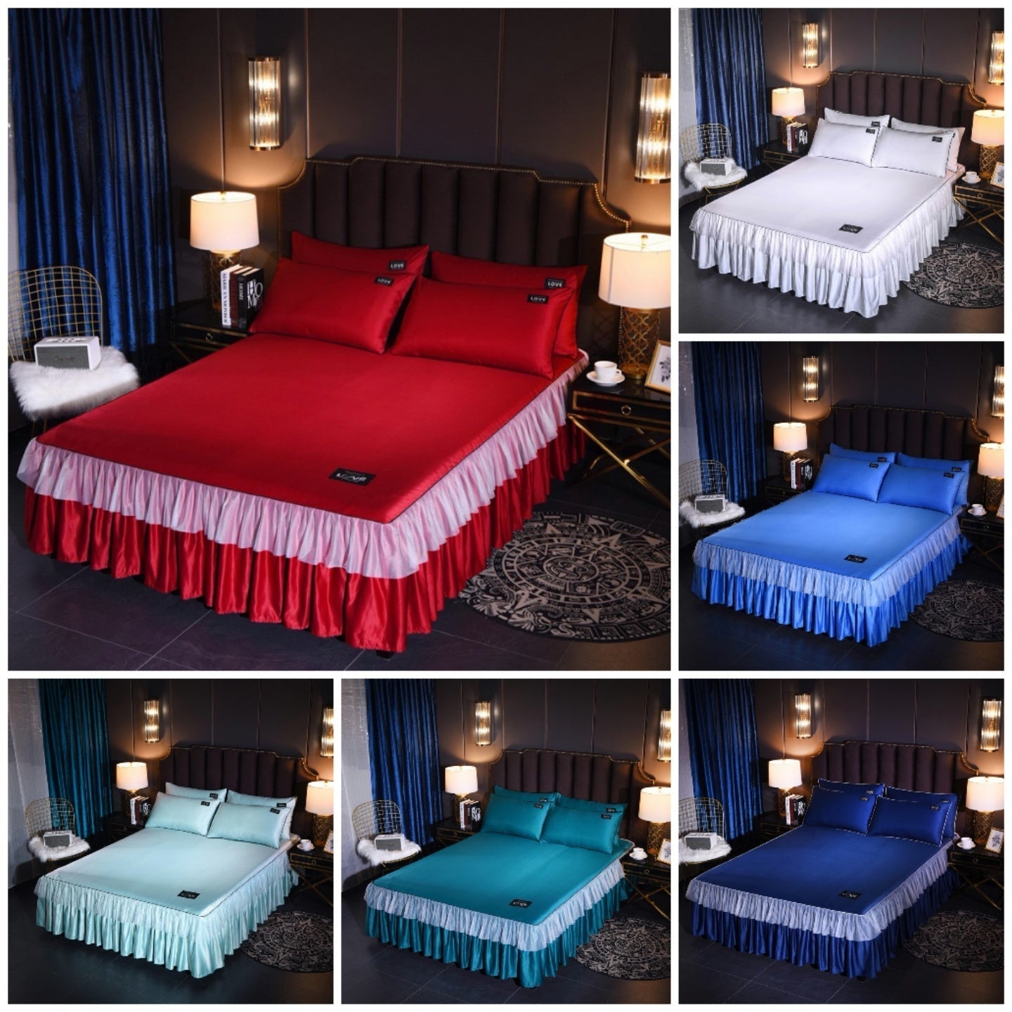 HKM-702419 Washed Silk Solid Color Bed Skirt and Pillowcase Set in Various Sizes and Colors