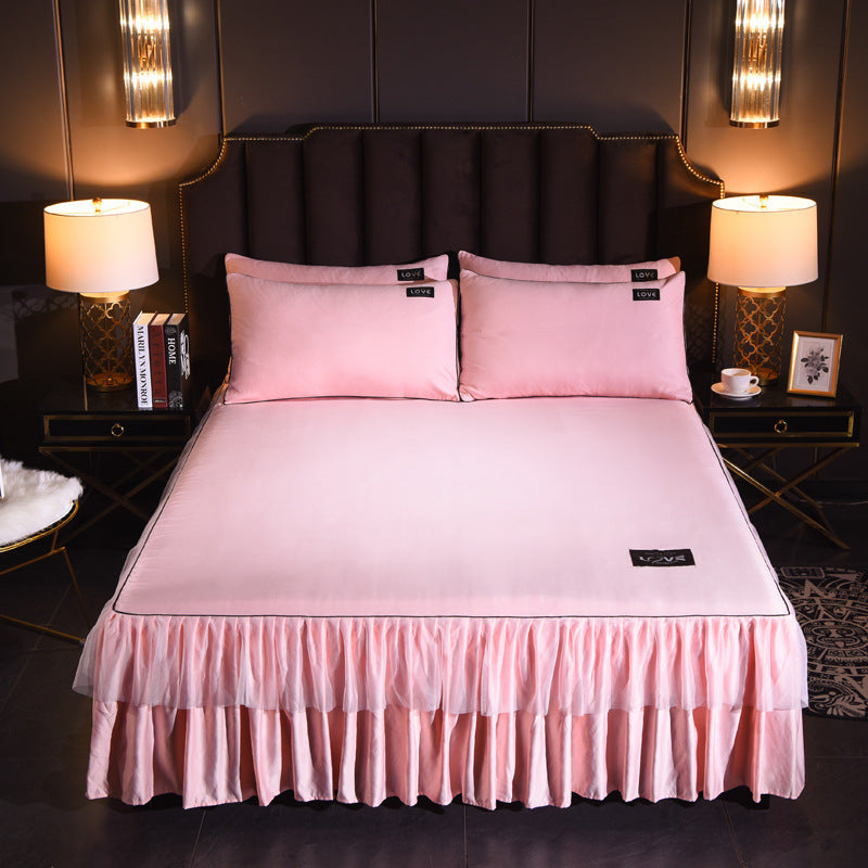 HKM-702419 Washed Silk Solid Color Bed Skirt and Pillowcase Set in Various Sizes and Colors