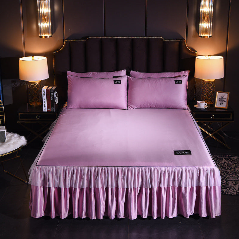 HKM-702419 Washed Silk Solid Color Bed Skirt and Pillowcase Set in Various Sizes and Colors