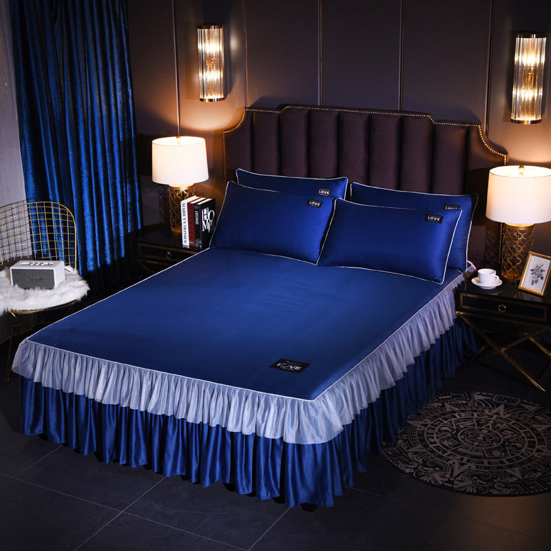 HKM-702419 Washed Silk Solid Color Bed Skirt and Pillowcase Set in Various Sizes and Colors