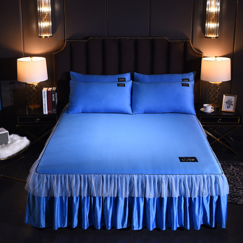 HKM-702419 Washed Silk Solid Color Bed Skirt and Pillowcase Set in Various Sizes and Colors
