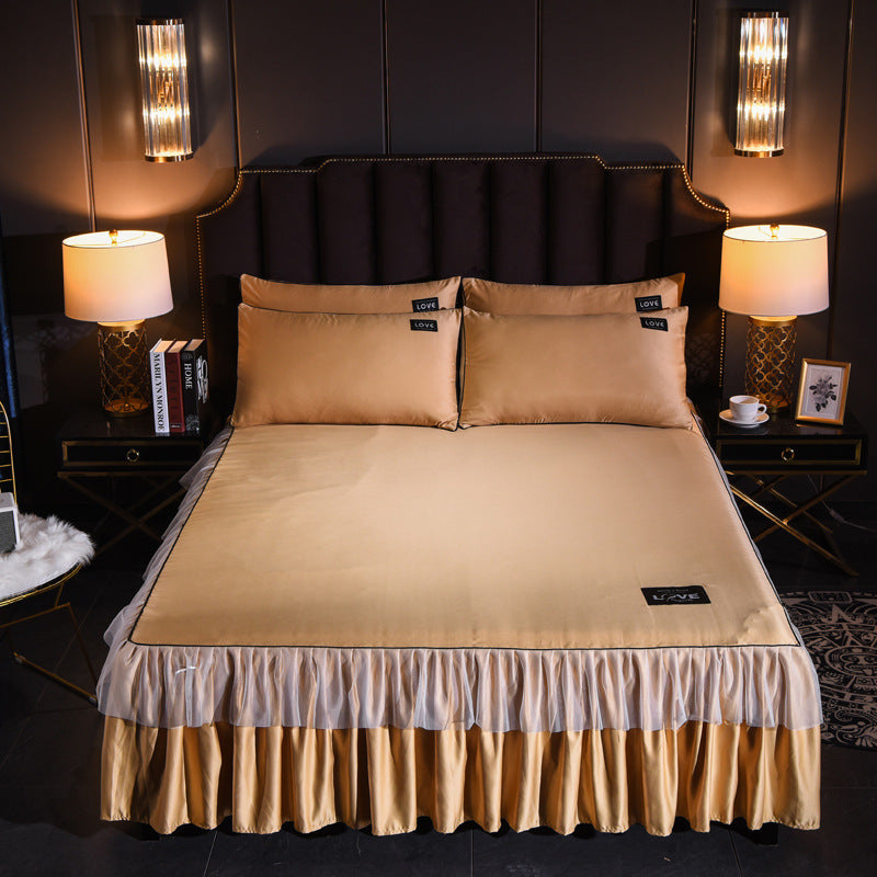 HKM-702419 Washed Silk Solid Color Bed Skirt and Pillowcase Set in Various Sizes and Colors