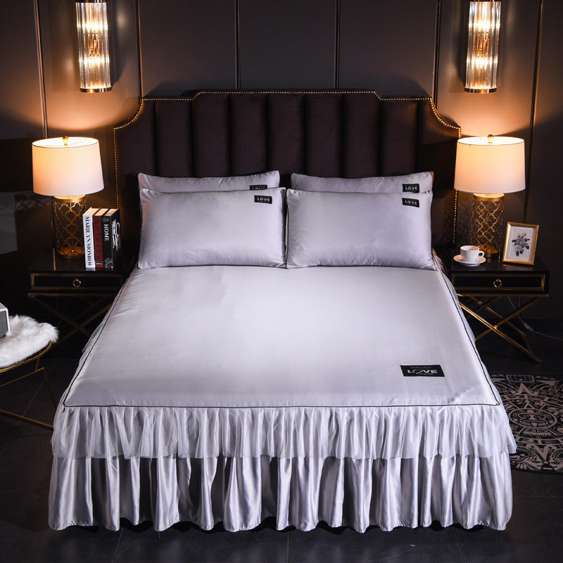 HKM-702419 Washed Silk Solid Color Bed Skirt and Pillowcase Set in Various Sizes and Colors