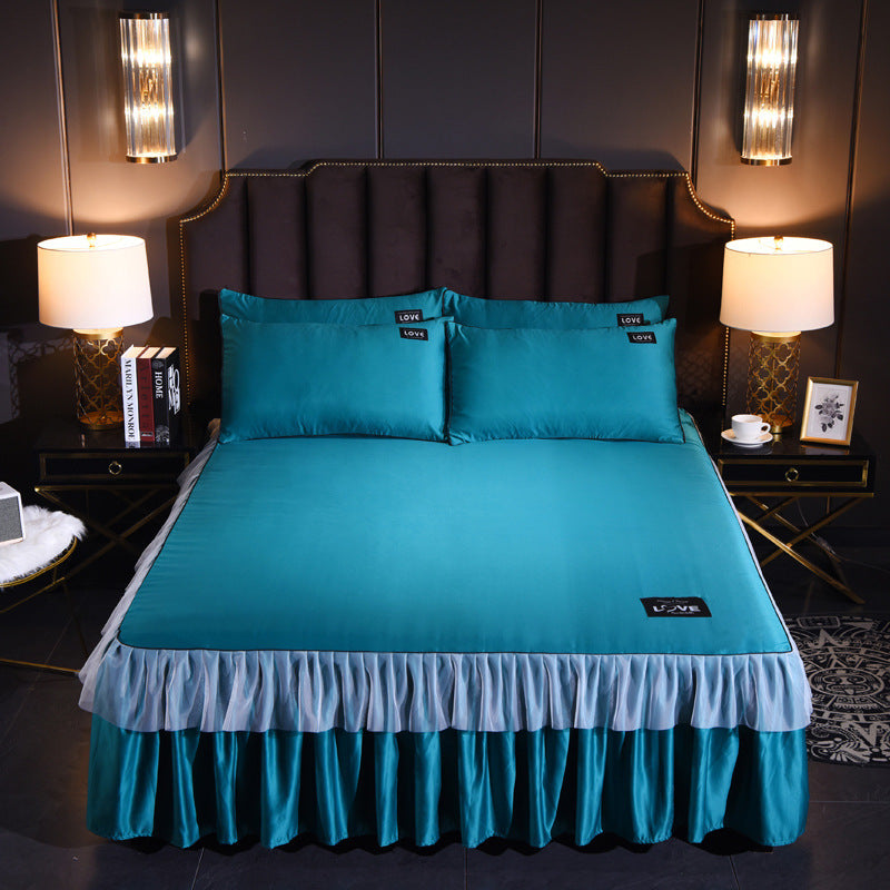 HKM-702419 Washed Silk Solid Color Bed Skirt and Pillowcase Set in Various Sizes and Colors